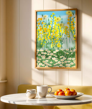 Frühlingwiese mit blühenden gelben und weißen Blumen