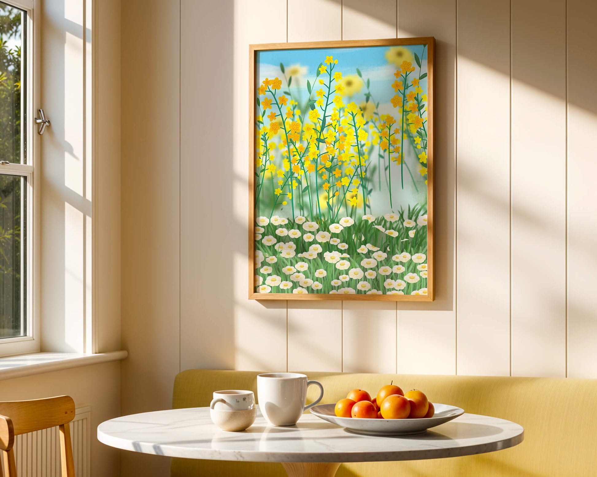 Springtime Meadow With Blooming Yellow And White Flowers