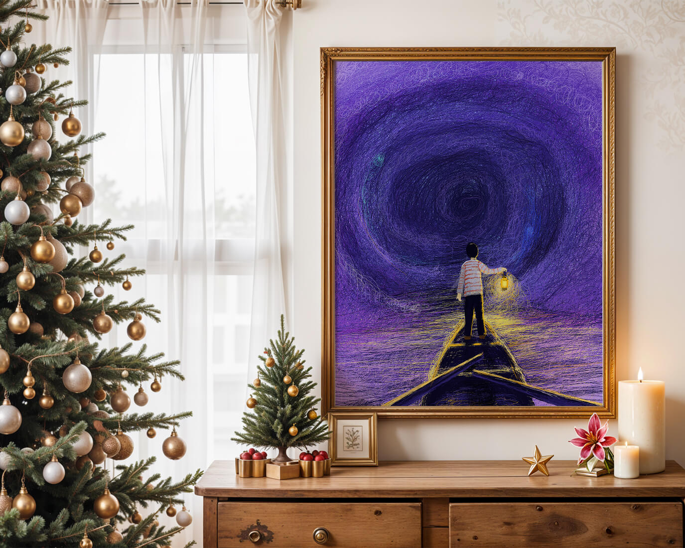 A boy holding a lantern on a boat in a swirling purple vortex