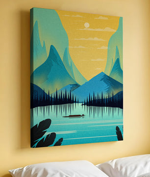 Serene lake landscape with mountains and sunset