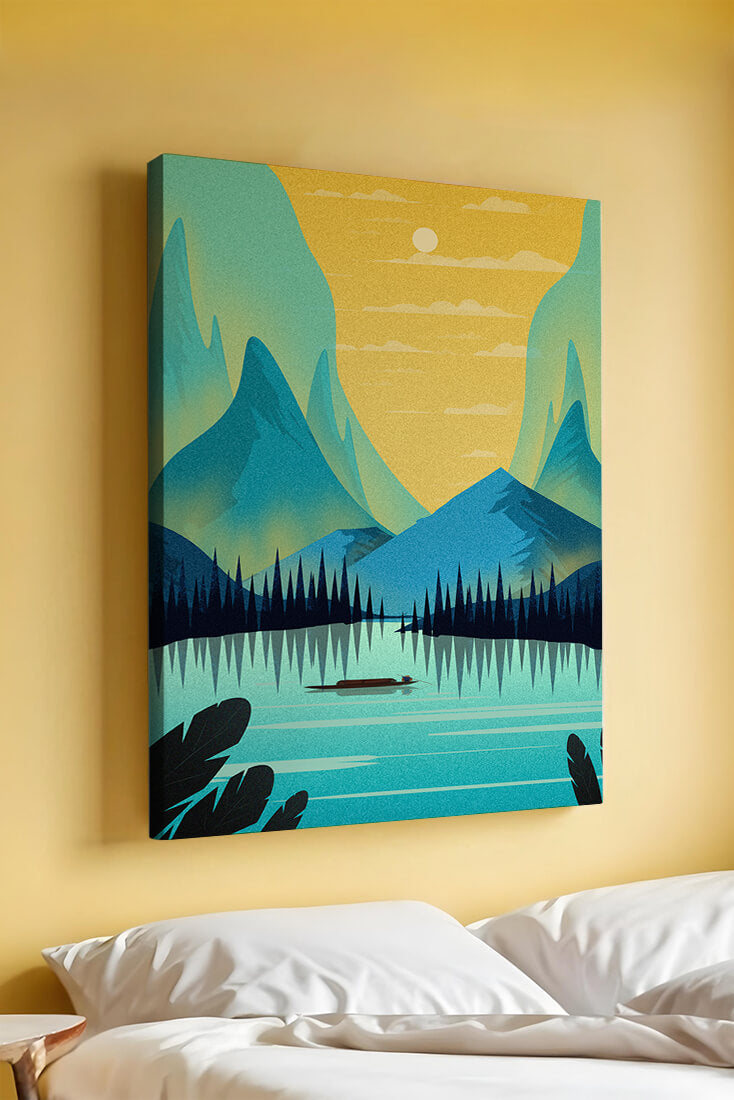 Serene lake landscape with mountains and sunset