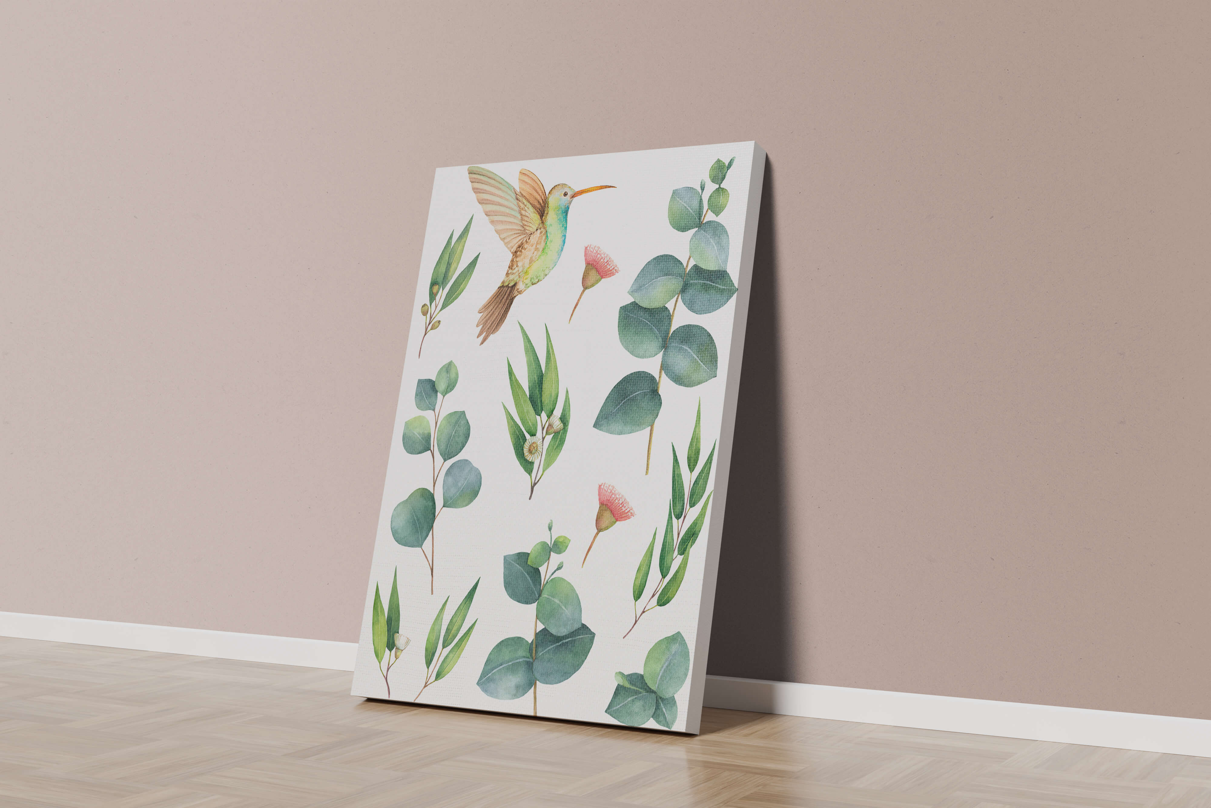 Watercolor hummingbird and eucalyptus leaves illustration