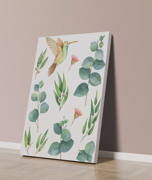 Illustration d'un colibri à l'aquarelle et de feuilles d'eucalyptus