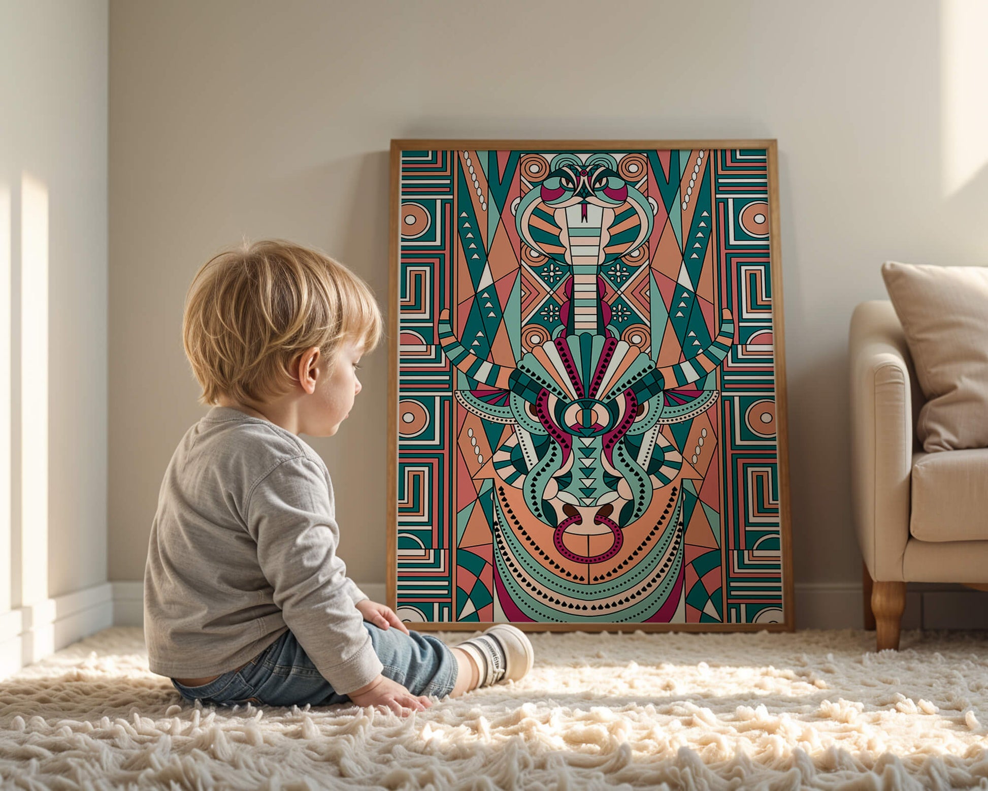 Ilustración art déco geométrica intrincada de serpiente y toro