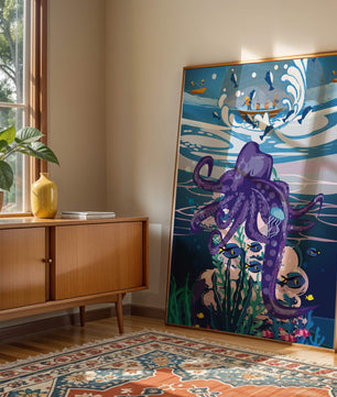 Colorful underwater scene with octopus and fishing boat above