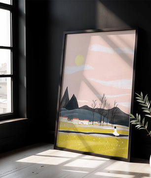 Serene landscape with mountains, village, and a girl under a pink sky