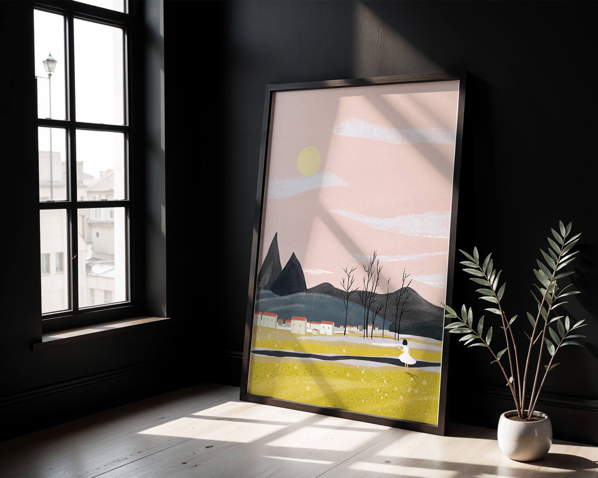 Serene landscape with mountains, village, and a girl under a pink sky