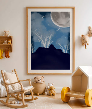 Paysage nocturne d'hiver avec arbres nus et pleine lune