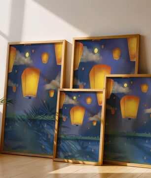 Lanterns Floating in Night Sky over Reflective Lake