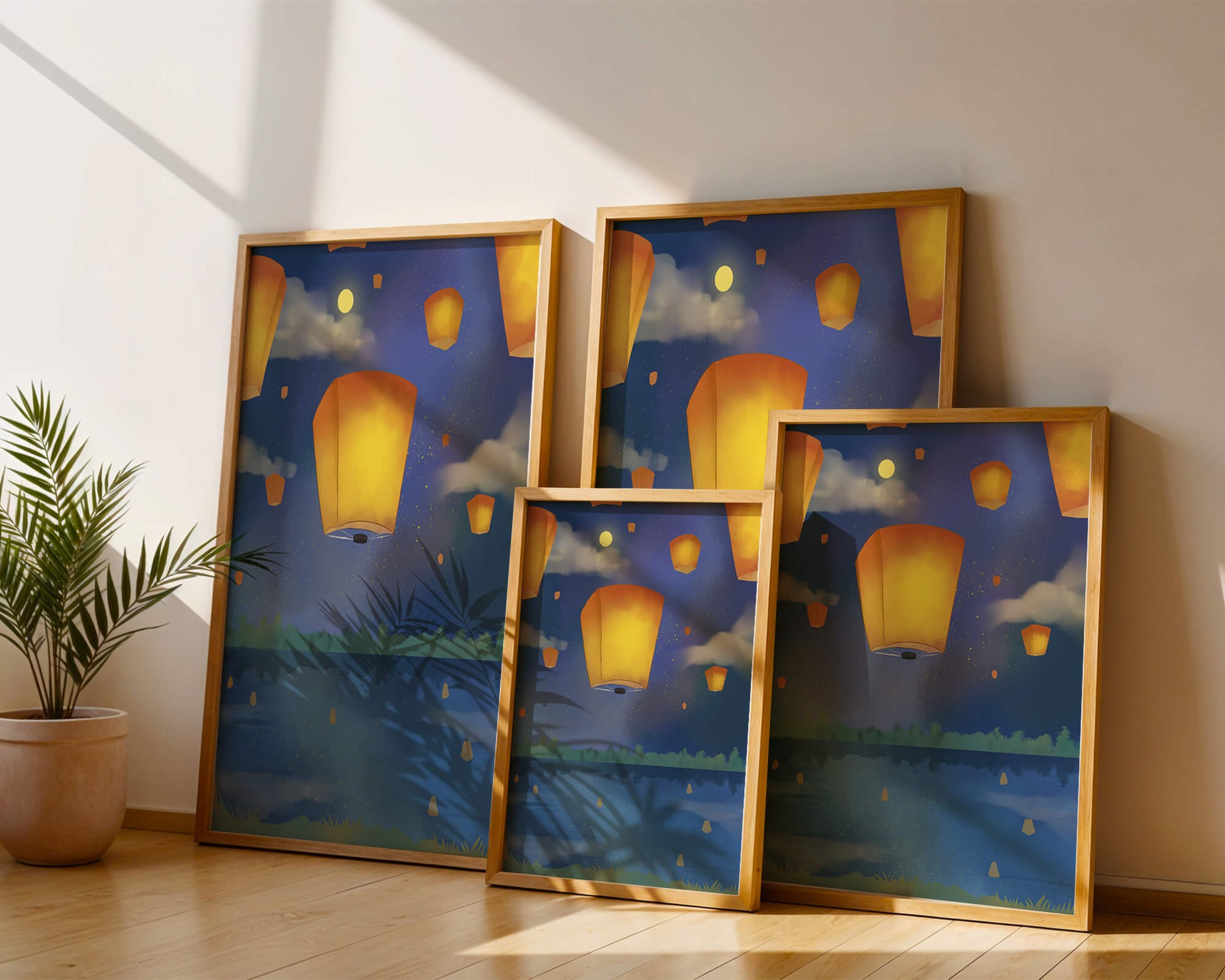 Lanterns Floating in Night Sky over Reflective Lake