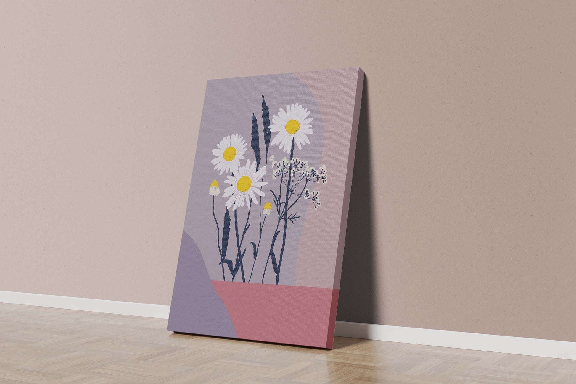 Illustrative floral artwork with daisies and abstract background