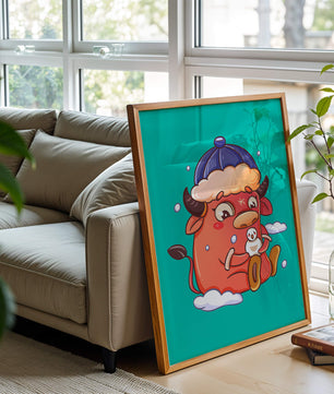Winter cow cartoon with snowman on turquoise background