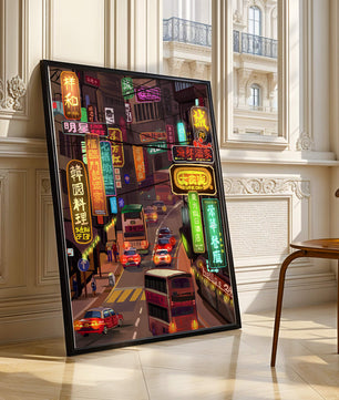 Vibrant urban street with neon signs and bustling traffic at night