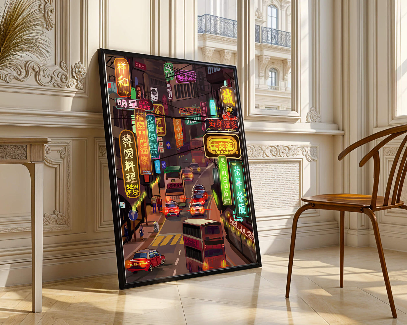 Vibrant urban street with neon signs and bustling traffic at night