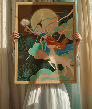 Ilustración serena de una mujer mística con ciervos en un paisaje iluminado por la luna