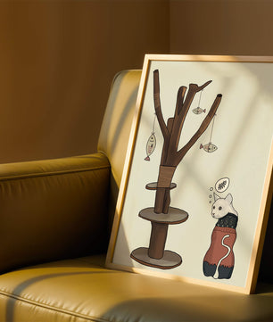 Illustration of a cat tree with a thoughtful cat in a sweater