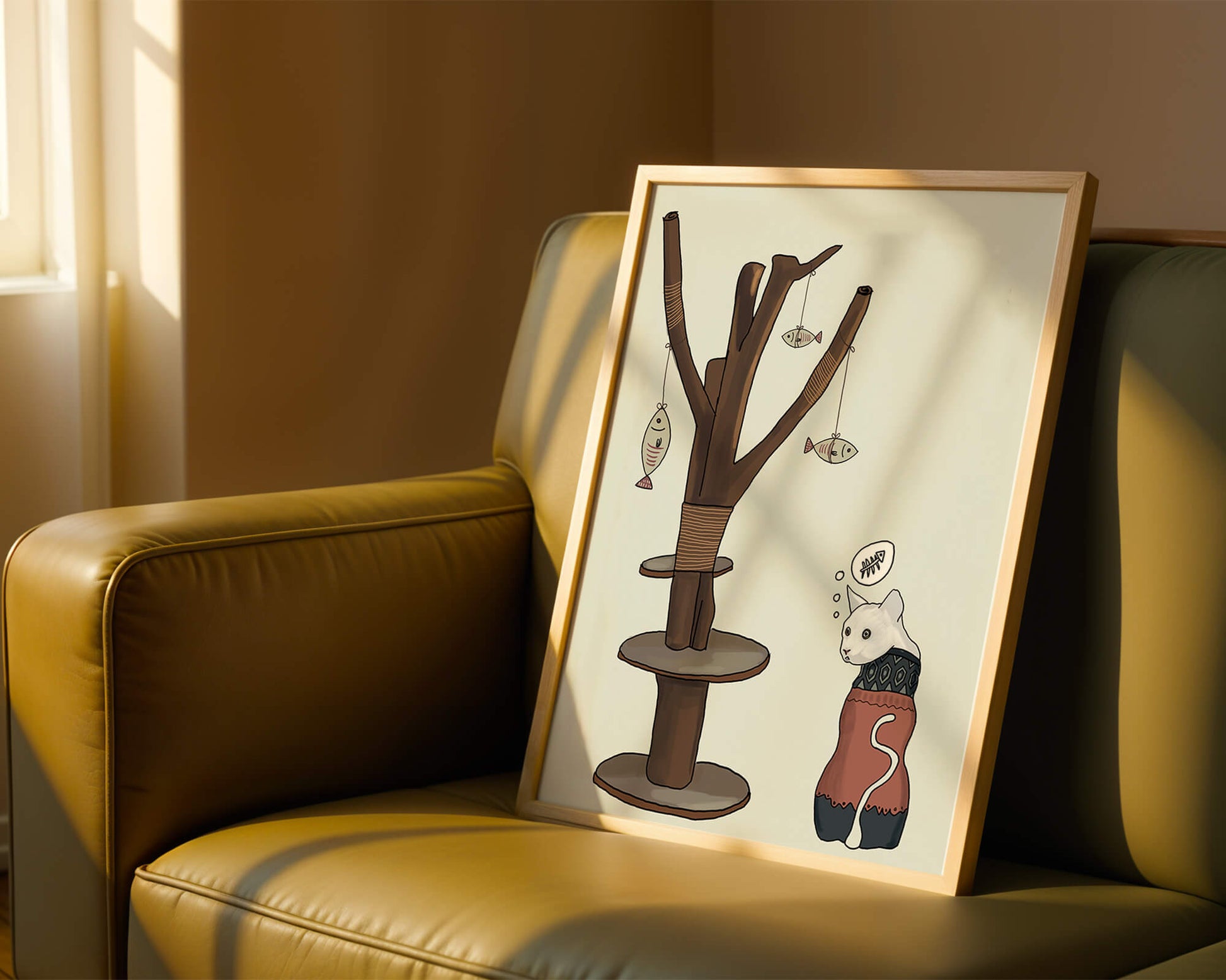 Illustration of a cat tree with a thoughtful cat in a sweater