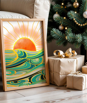 Sunrise over stylized ocean waves with gold accents