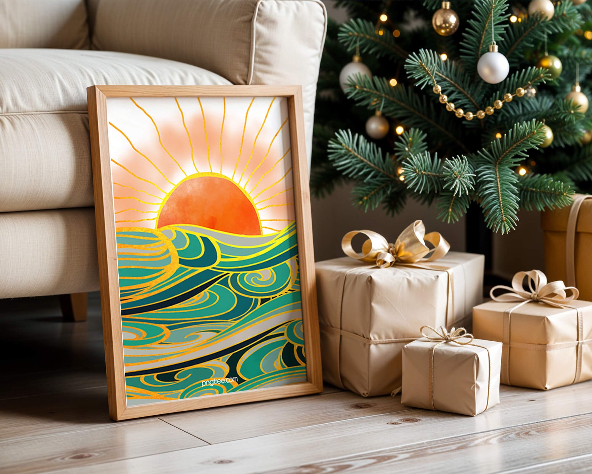Sunrise over stylized ocean waves with gold accents