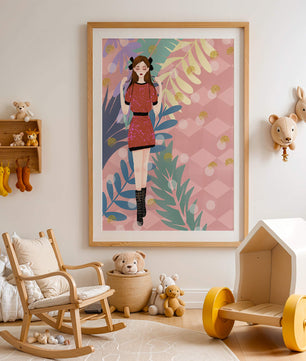 Illustration élégante d'une femme avec des éléments botaniques et un fond géométrique