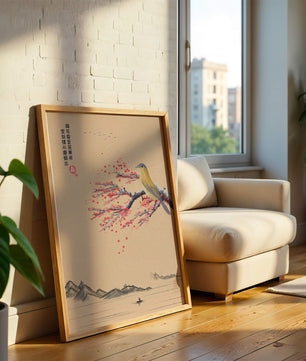 Traditional Chinese painting with bird and blossom branch over tranquil landscape