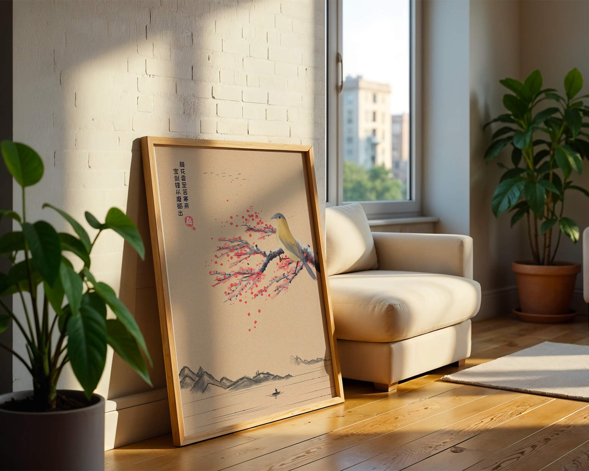 Traditional Chinese painting with bird and blossom branch over tranquil landscape