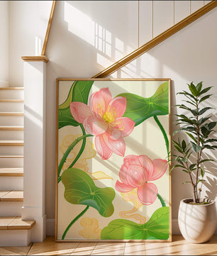 Illustration of pink lotus flowers with green leaves on a pastel background