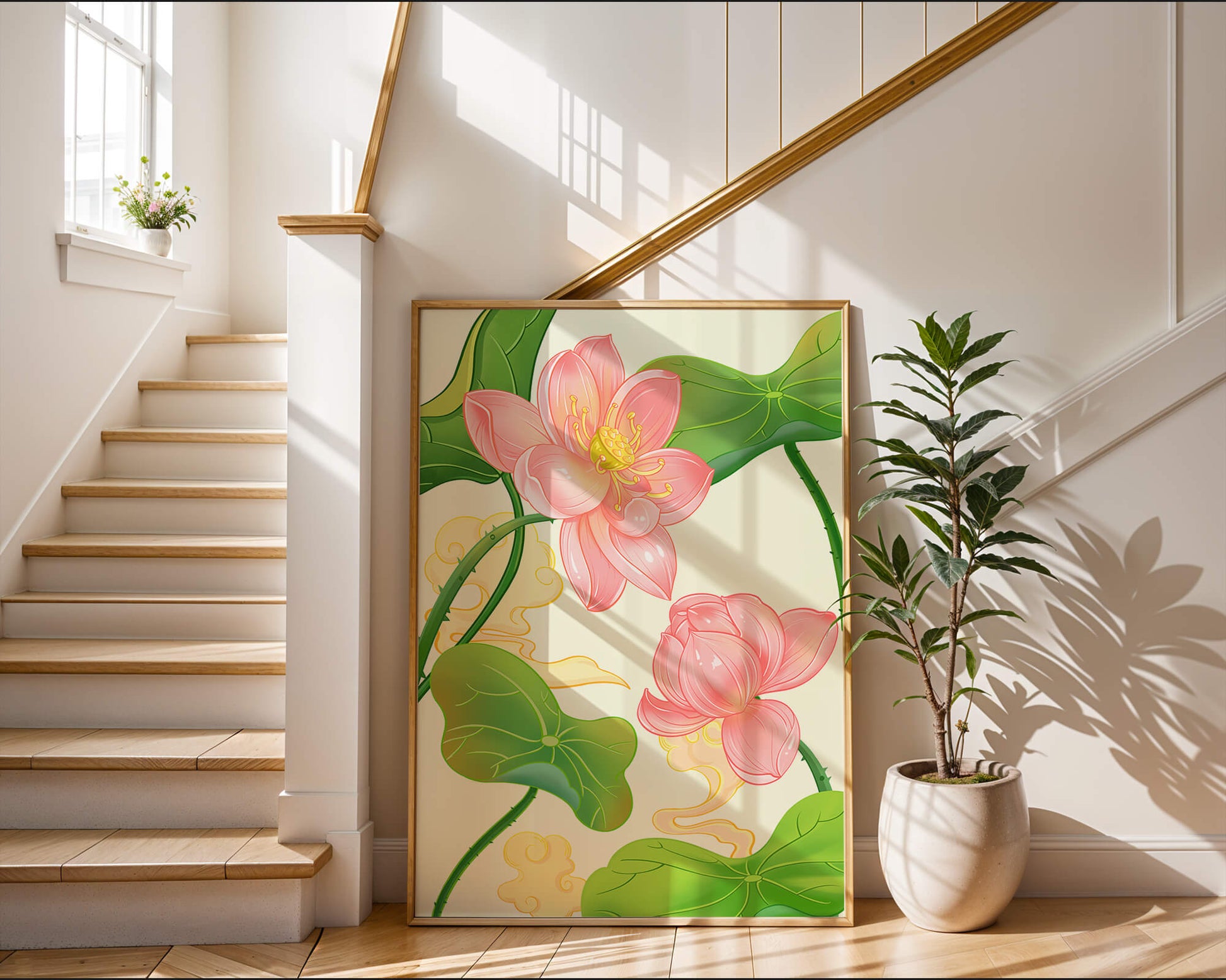 Illustration of pink lotus flowers with green leaves on a pastel background