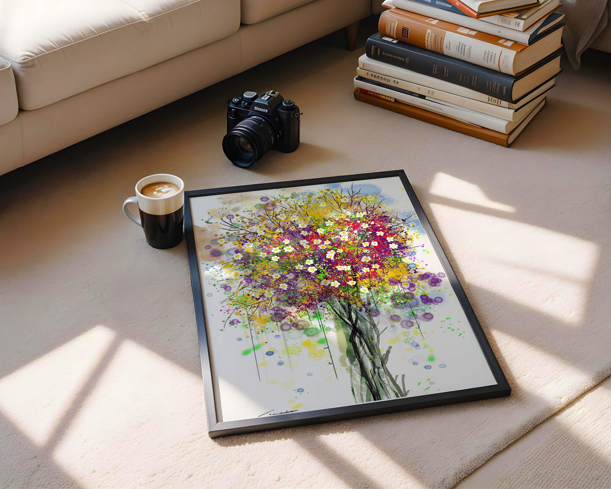 Abstract expressionist floral tree with vibrant colors