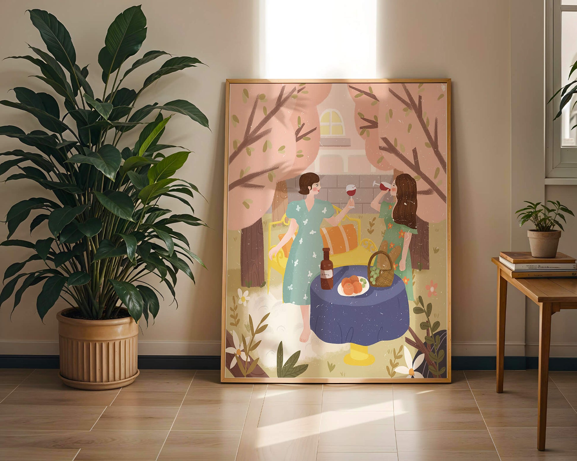 Reunión primaveral en el jardín con vino y frutas