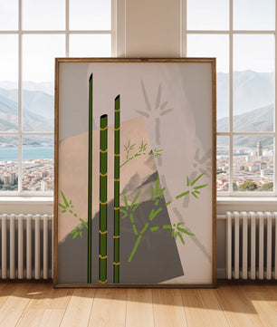 Arte minimalista de bambú con sombras abstractas de bambú
