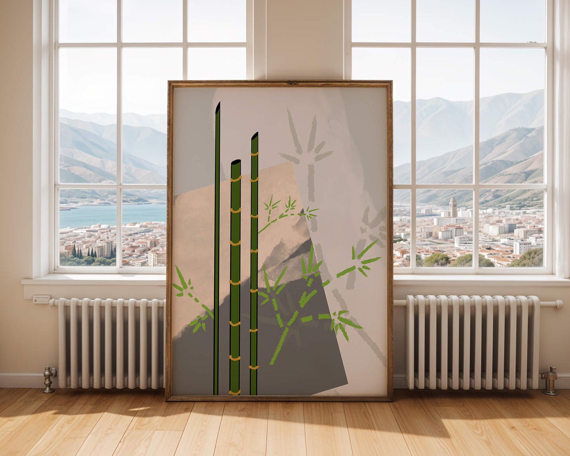 Arte minimalista de bambú con sombras abstractas de bambú