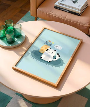 Cute illustration of a cat and flowers on a rug with a speech bubble