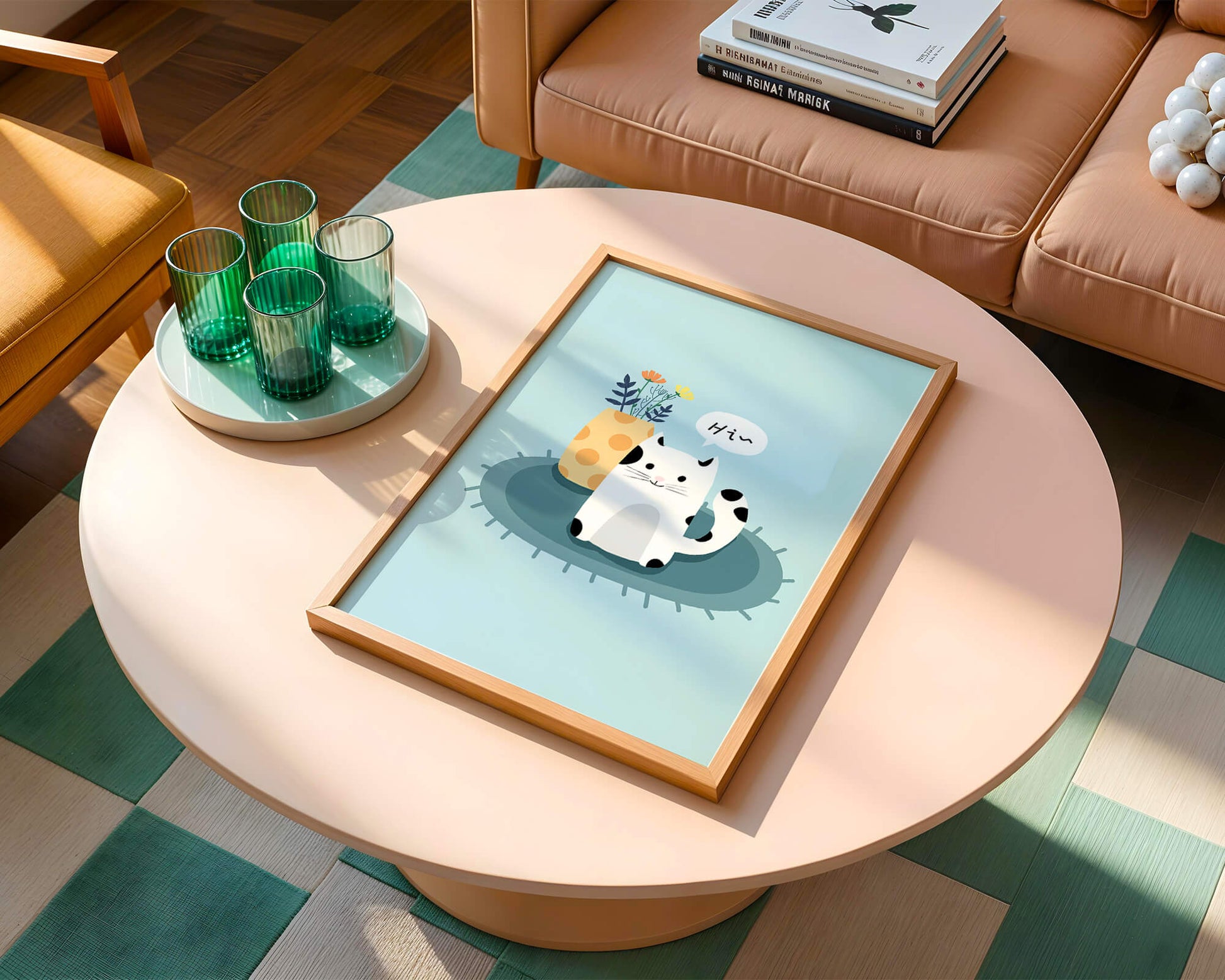 Cute illustration of a cat and flowers on a rug with a speech bubble