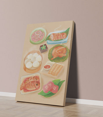 Colorful Representation of Asian Cuisine with Various Dishes