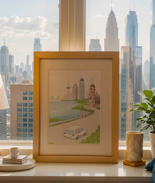 Scenic coastal cityscape with modern buildings and a classic clock tower