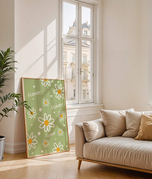 Estampado floral con margaritas sobre fondo verde