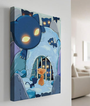 Fantasy scene with glowing-eyed creatures and mysterious cave