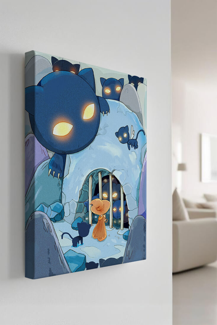 Fantasy scene with glowing-eyed creatures and mysterious cave