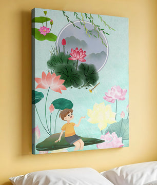 Serene illustration of a child in a lotus garden with vibrant flora