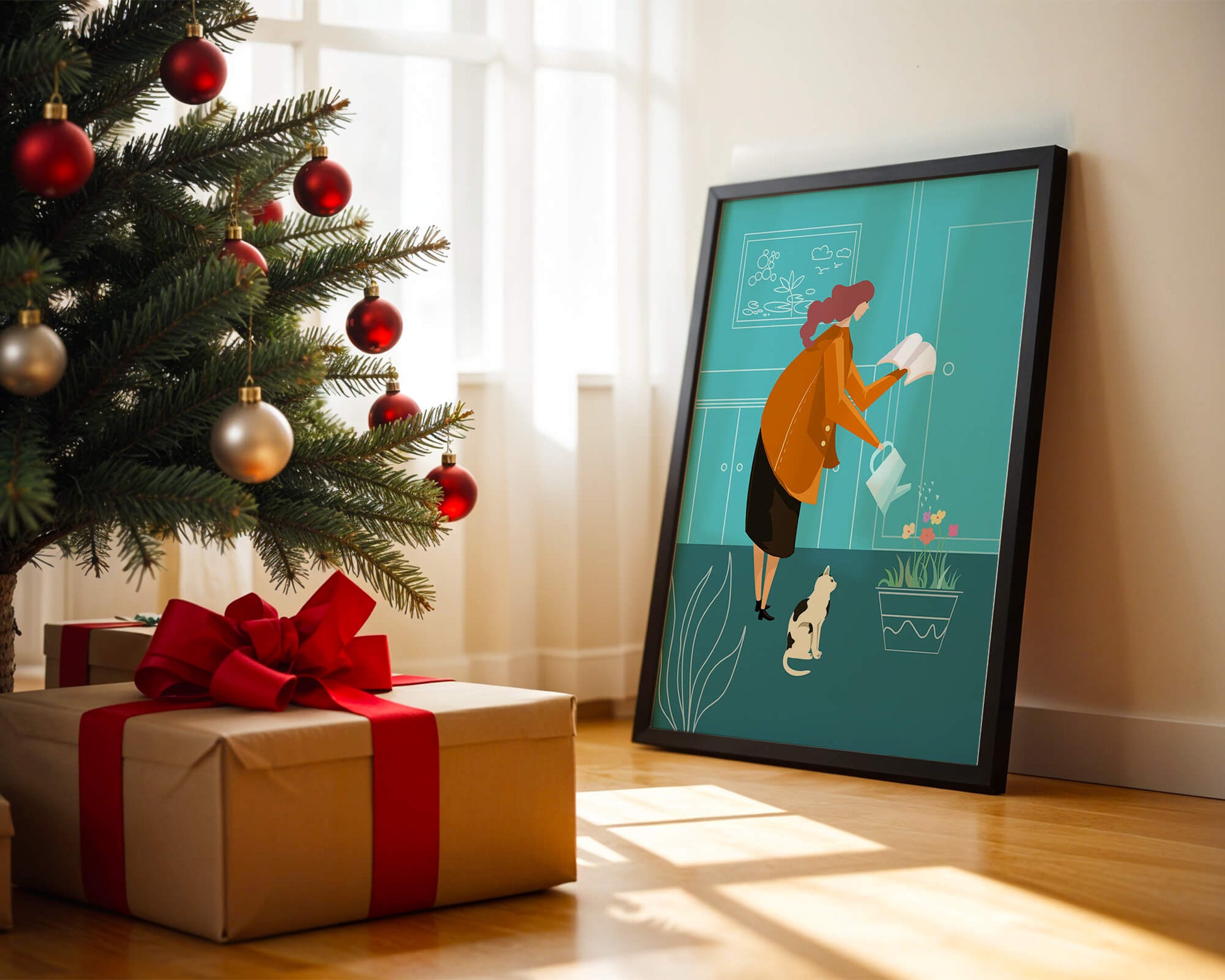 Mujer regando flores con un gato en un interior moderno