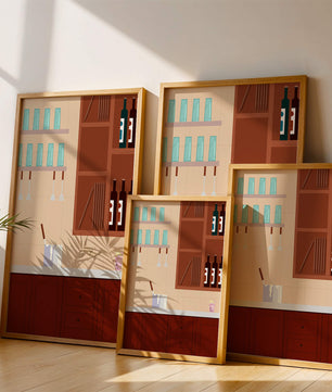 Interior de cocina moderna con gabinetes de madera y estantes de vidrio