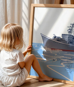 Illustrative depiction of a warship sailing on calm waters