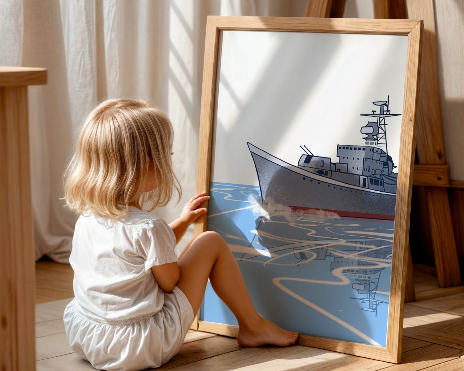 Illustrative depiction of a warship sailing on calm waters