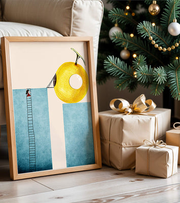Woman Climbing Ladder towards Giant Yellow Fruit