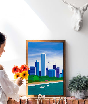Paisaje urbano moderno con skyline y frente al agua en un estilo vibrante