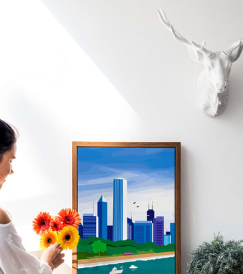 Modern cityscape with skyline and waterfront in a vibrant style