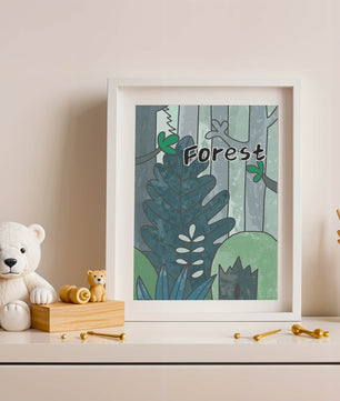 Illustrated forest scene with foliage and text