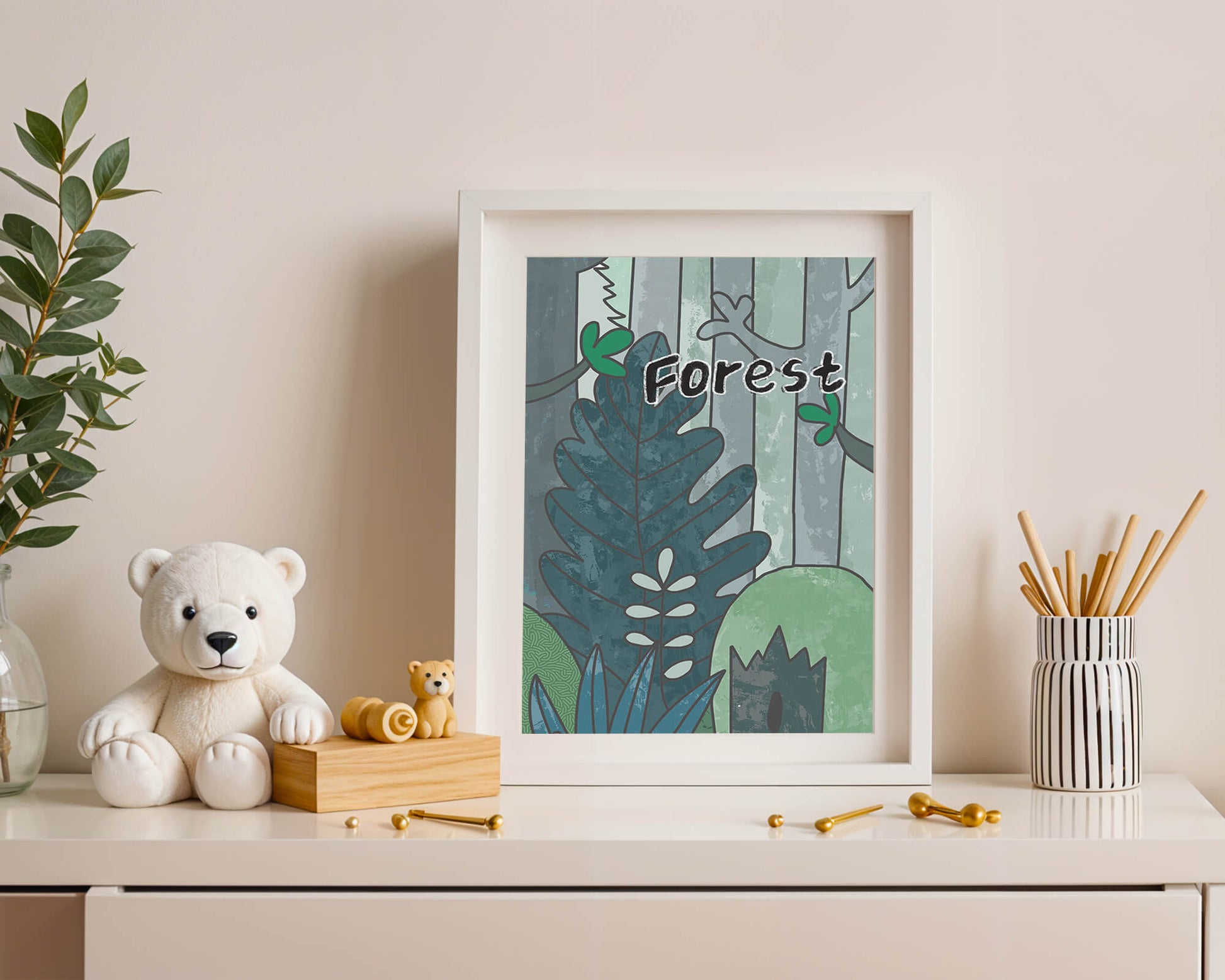 Illustrated forest scene with foliage and text