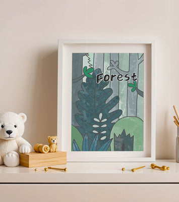 Illustrated forest scene with foliage and text